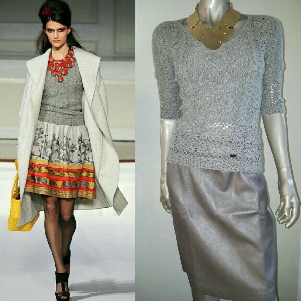 $2,200 OSCAR DE LA RENTA STUNNING GREY CASHMERE RUNWAY HAND KNIT BLOUSE S